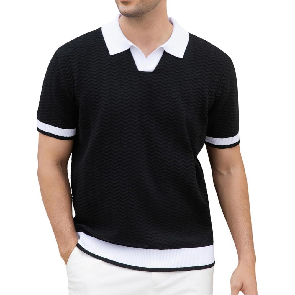 imageAlex Vando Mens Bubble Jacquard Polo Shirt Super Stretch Short Sleeve Polo Shirts for Men6131 Black