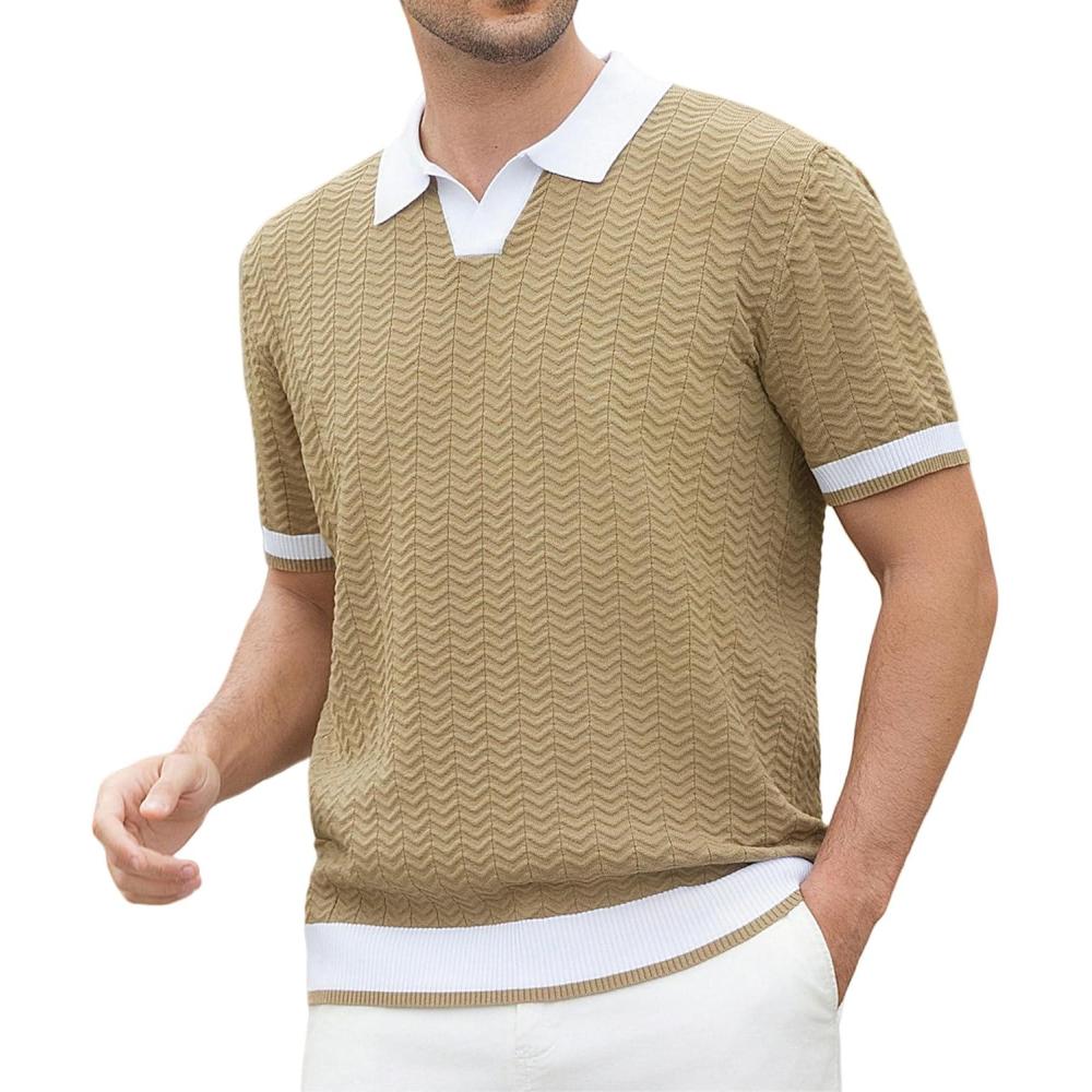 imageAlex Vando Mens Bubble Jacquard Polo Shirt Super Stretch Short Sleeve Polo Shirts for Men6131 Khaki