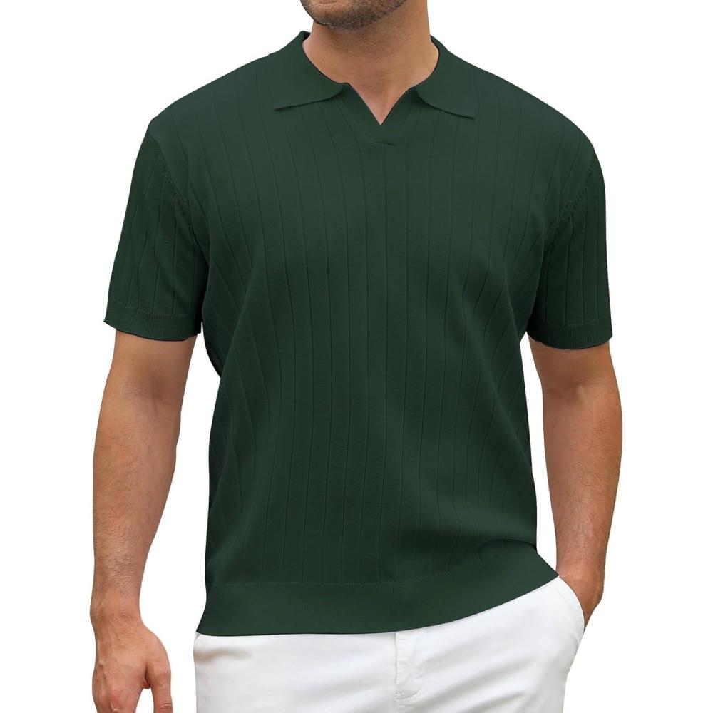 imageAlex Vando Mens Bubble Jacquard Polo Shirt Super Stretch Short Sleeve Polo Shirts for MenSolid Army