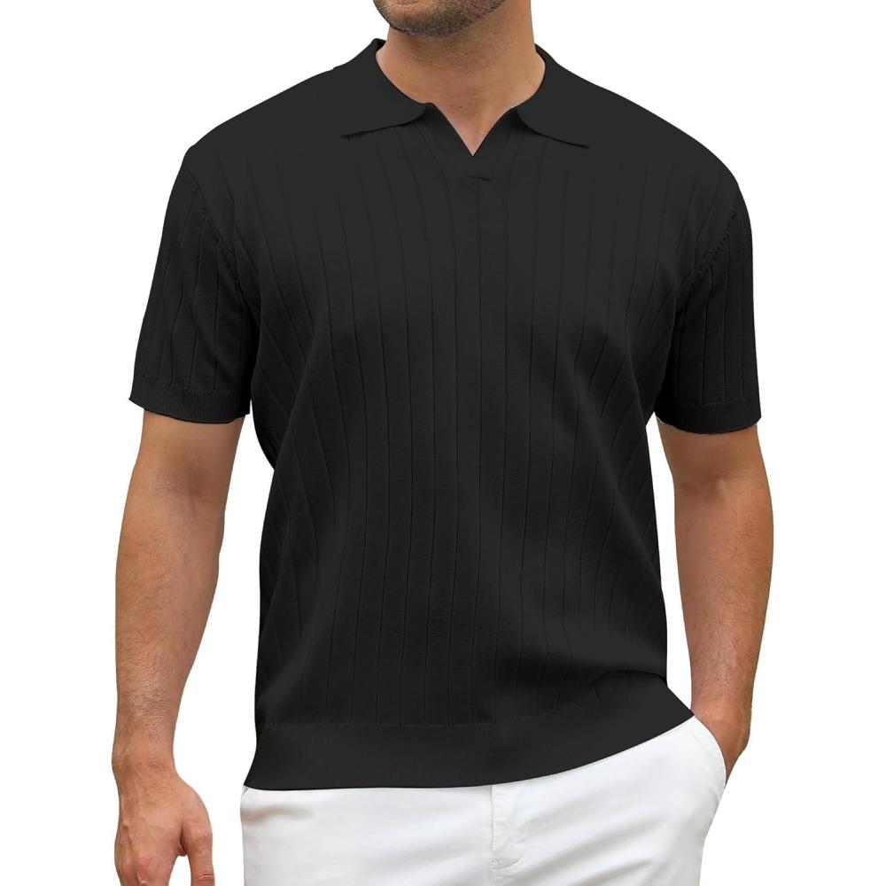 imageAlex Vando Mens Bubble Jacquard Polo Shirt Super Stretch Short Sleeve Polo Shirts for MenSolid Black