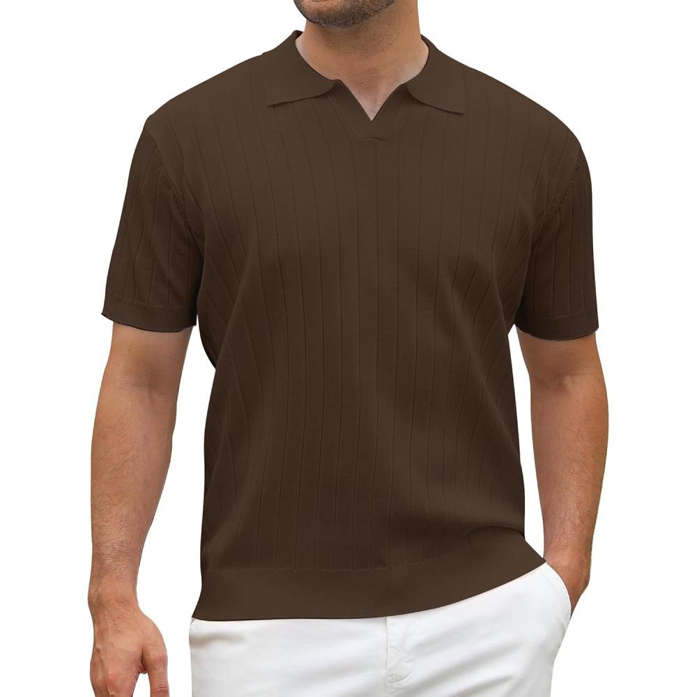 imageAlex Vando Mens Bubble Jacquard Polo Shirt Super Stretch Short Sleeve Polo Shirts for MenSolid Brown