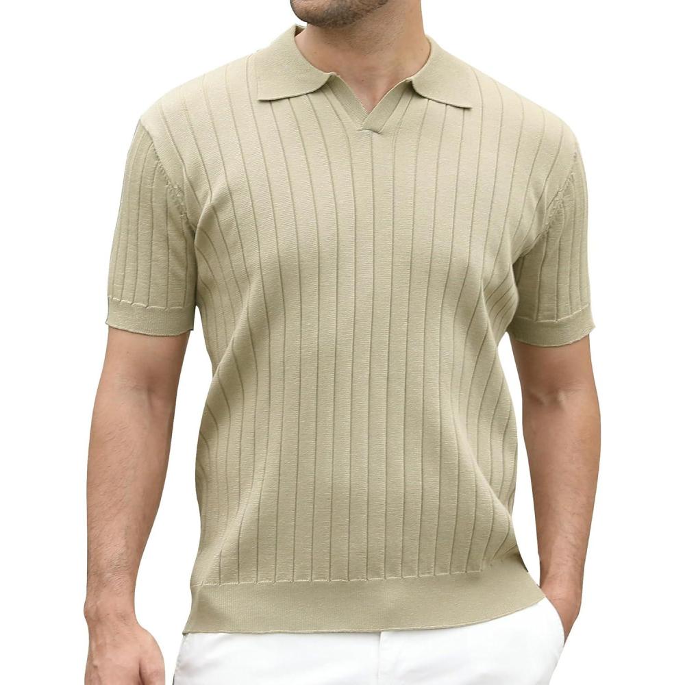 imageAlex Vando Mens Bubble Jacquard Polo Shirt Super Stretch Short Sleeve Polo Shirts for MenSolid Khaki