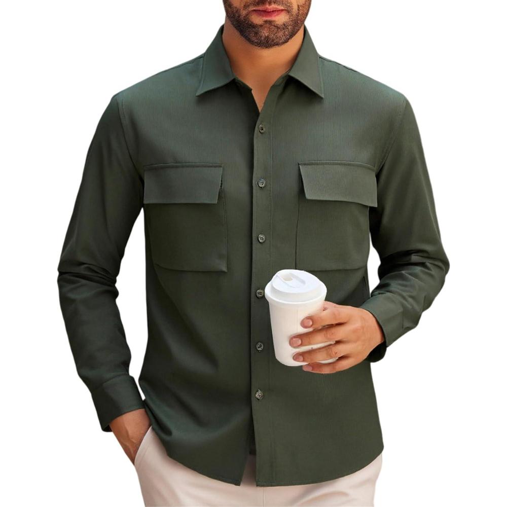 imageAlex Vando Mens Button Down Shirts Two Pockets Long Sleeve Casual Dress Shirt for MenArmy