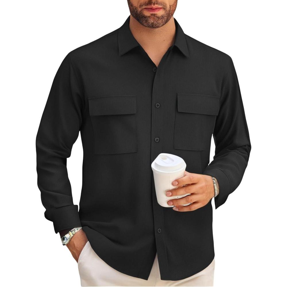 imageAlex Vando Mens Button Down Shirts Two Pockets Long Sleeve Casual Dress Shirt for MenBlack
