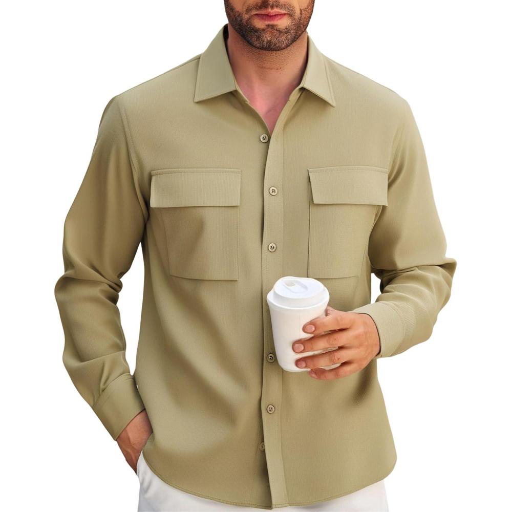 imageAlex Vando Mens Button Down Shirts Two Pockets Long Sleeve Casual Dress Shirt for MenKhaki