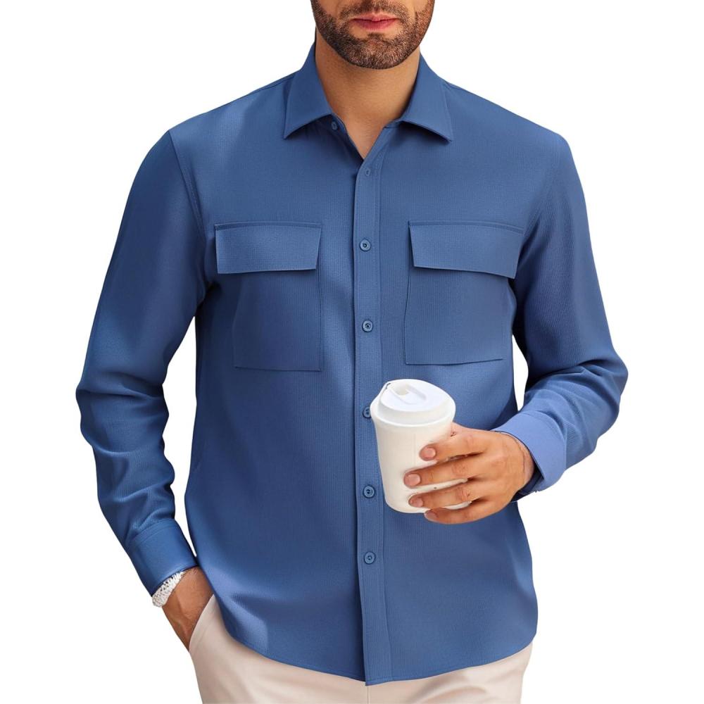 imageAlex Vando Mens Button Down Shirts Two Pockets Long Sleeve Casual Dress Shirt for MenNavy