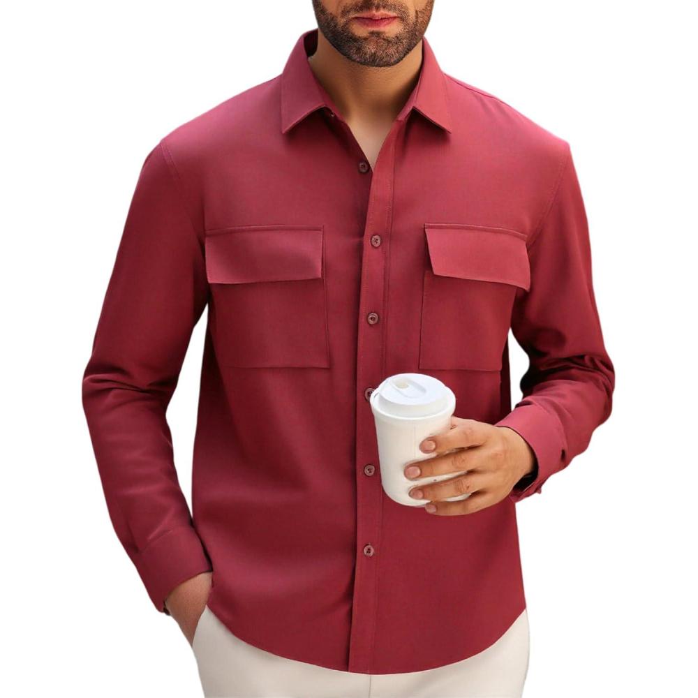 imageAlex Vando Mens Button Down Shirts Two Pockets Long Sleeve Casual Dress Shirt for MenWine