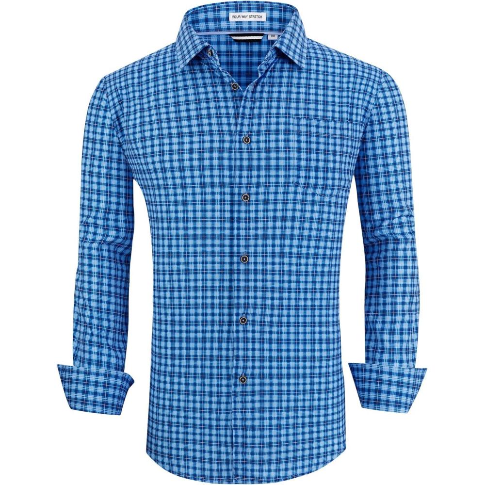 imageAlex Vando Mens Button Down Shirts Wrinkle Free 4Way Stretch Print Business Casual Shirt015 Dark Blue Plaid