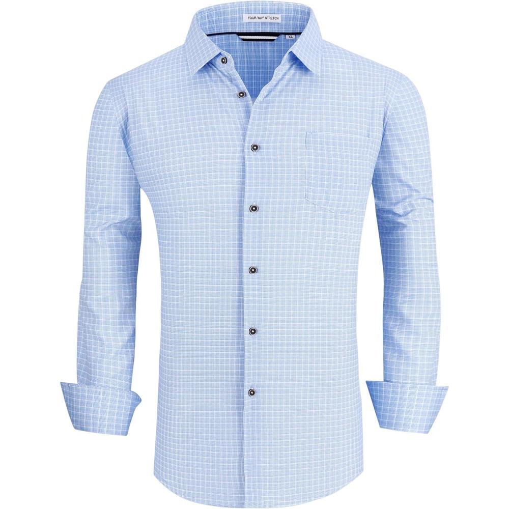 imageAlex Vando Mens Button Down Shirts Wrinkle Free 4Way Stretch Print Business Casual Shirt04 Lt Blue Plaid
