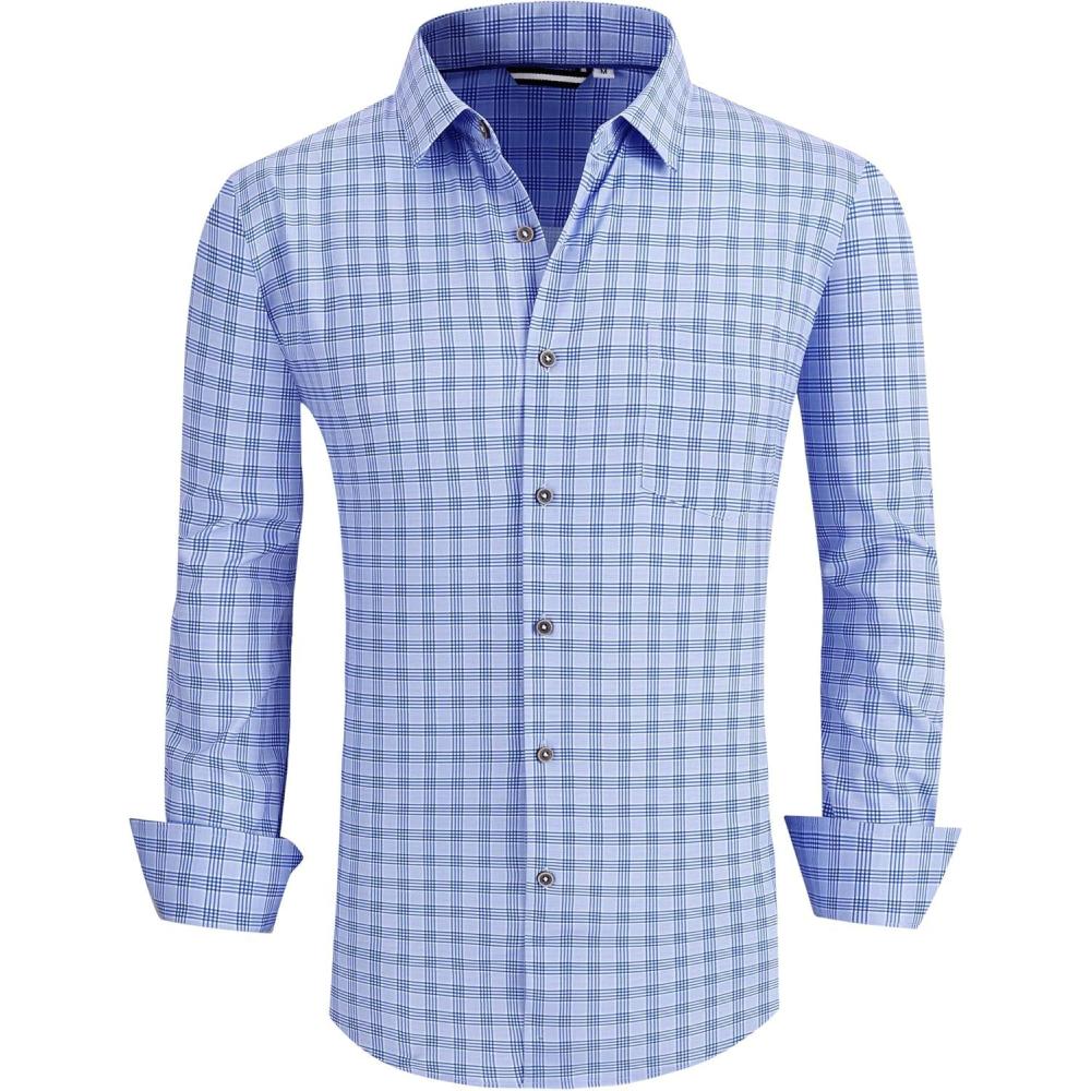 imageAlex Vando Mens Button Down Shirts Wrinkle Free 4Way Stretch Print Business Casual Shirt05 Blue Plaid