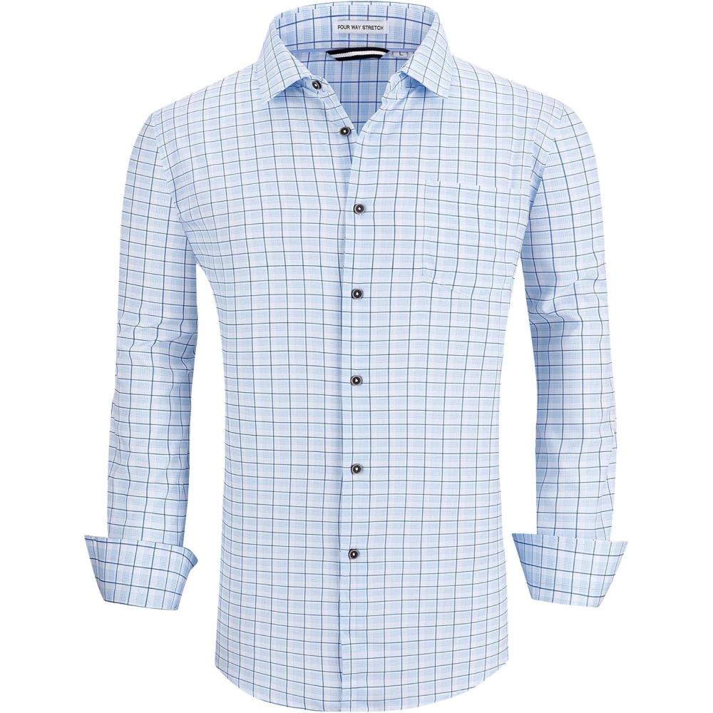 imageAlex Vando Mens Button Down Shirts Wrinkle Free 4Way Stretch Print Business Casual Shirt07 Blue Check