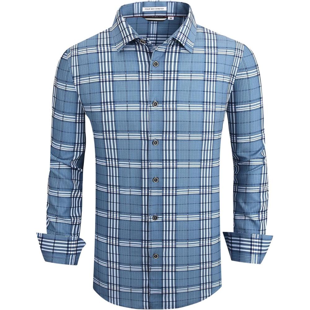 imageAlex Vando Mens Button Down Shirts Wrinkle Free 4Way Stretch Print Business Casual Shirt13 Dustyblue White