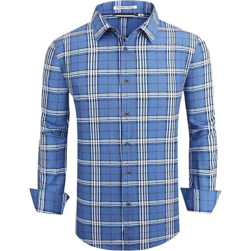 imageAlex Vando Mens Button Down Shirts Wrinkle Free 4Way Stretch Print Business Casual Shirt14 Royal White
