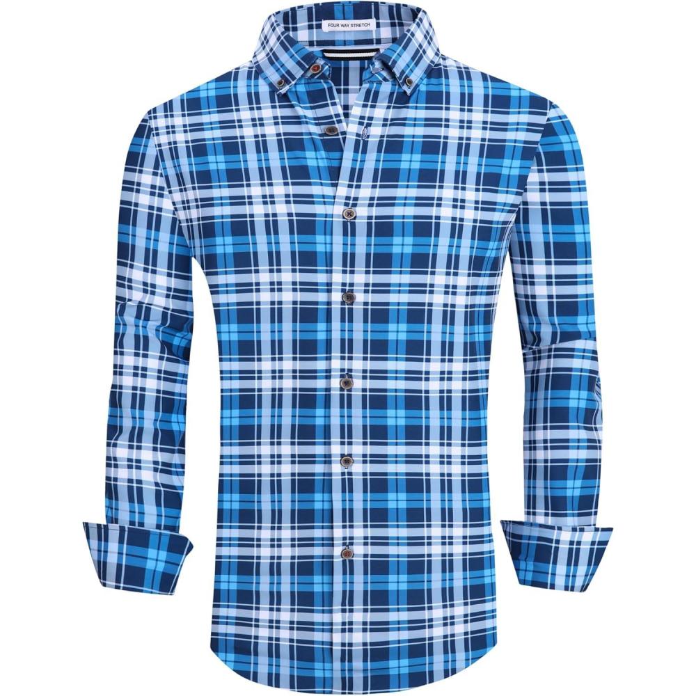 imageAlex Vando Mens Button Down Shirts Wrinkle Free 4Way Stretch Print Business Casual Shirt268 Blue Plaid