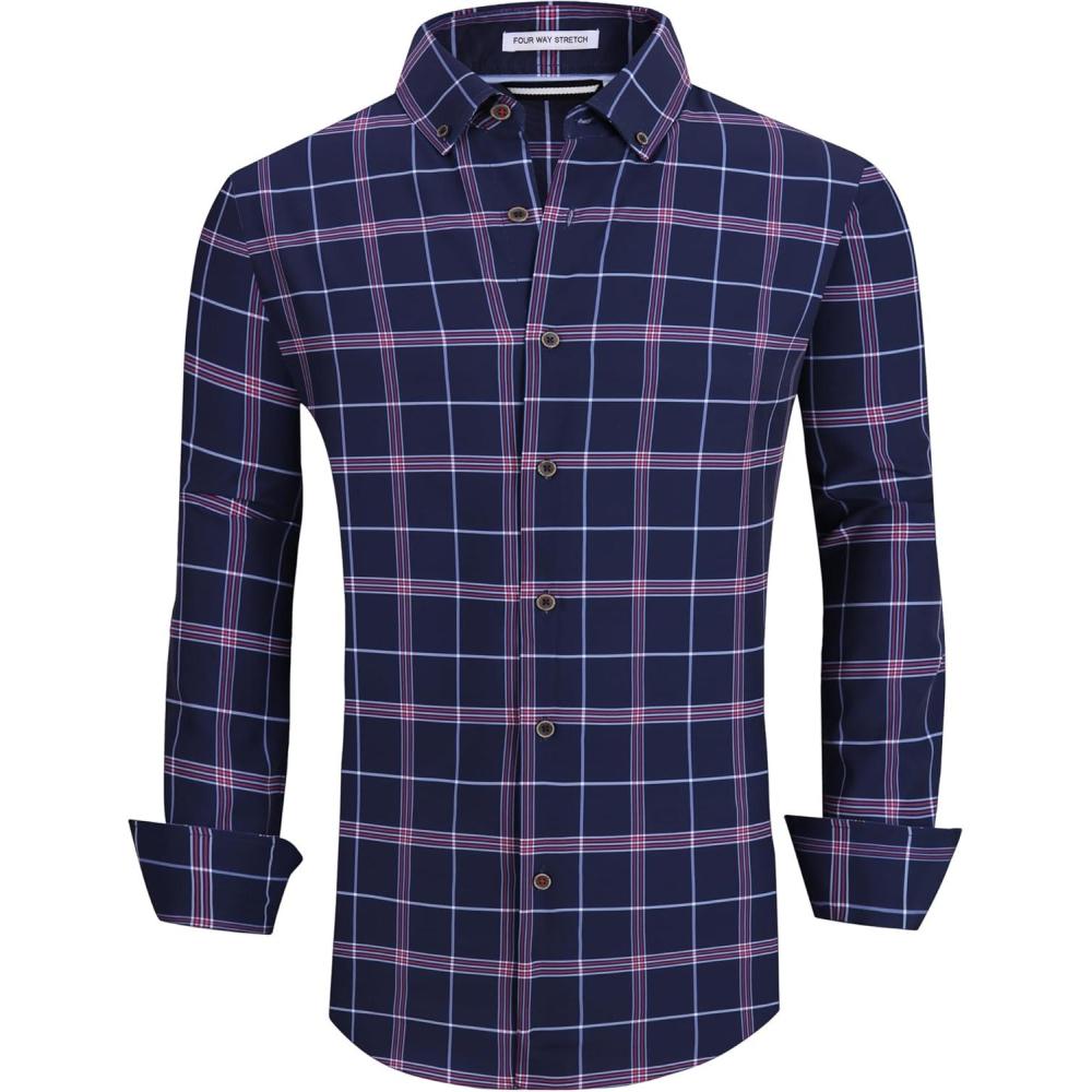 imageAlex Vando Mens Button Down Shirts Wrinkle Free 4Way Stretch Print Business Casual Shirt417 NavyRed