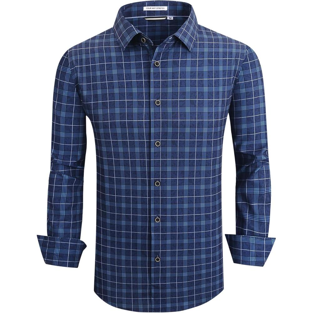 imageAlex Vando Mens Button Down Shirts Wrinkle Free 4Way Stretch Print Business Casual Shirt68 Navy With Print