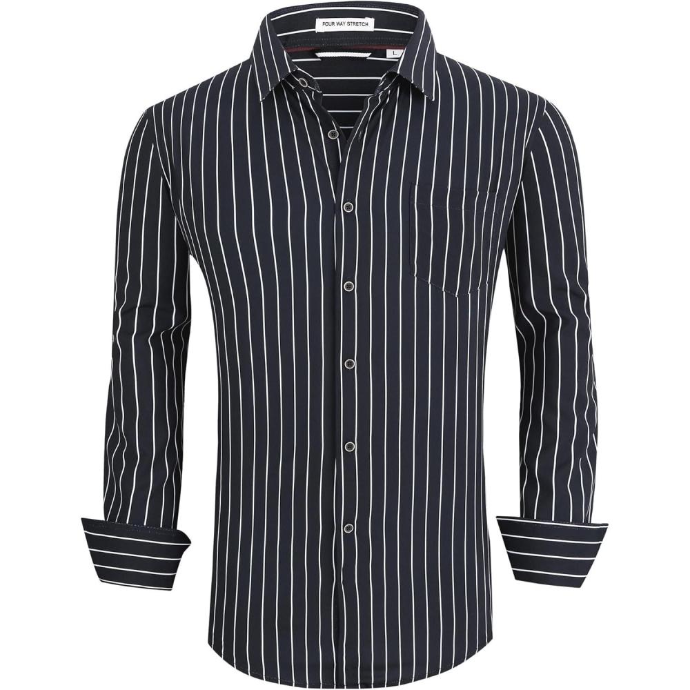 imageAlex Vando Mens Button Down Shirts Wrinkle Free 4Way Stretch Print Business Casual ShirtBlack Stripe