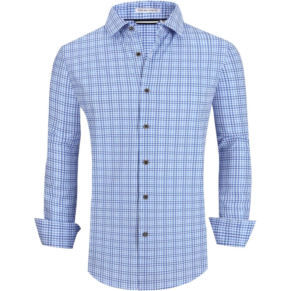 imageAlex Vando Mens Button Down Shirts Wrinkle Free 4Way Stretch Print Business Casual ShirtBlue Plaid