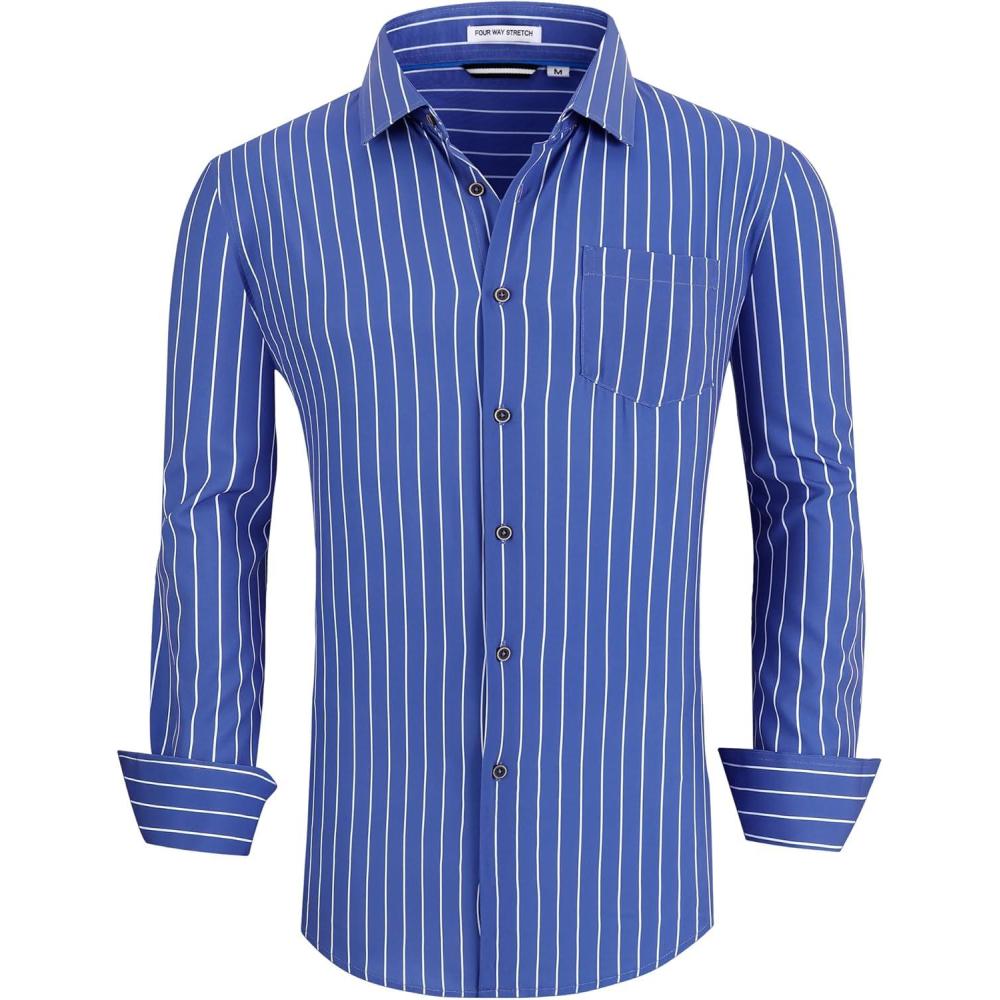 imageAlex Vando Mens Button Down Shirts Wrinkle Free 4Way Stretch Print Business Casual ShirtBlue Stripe