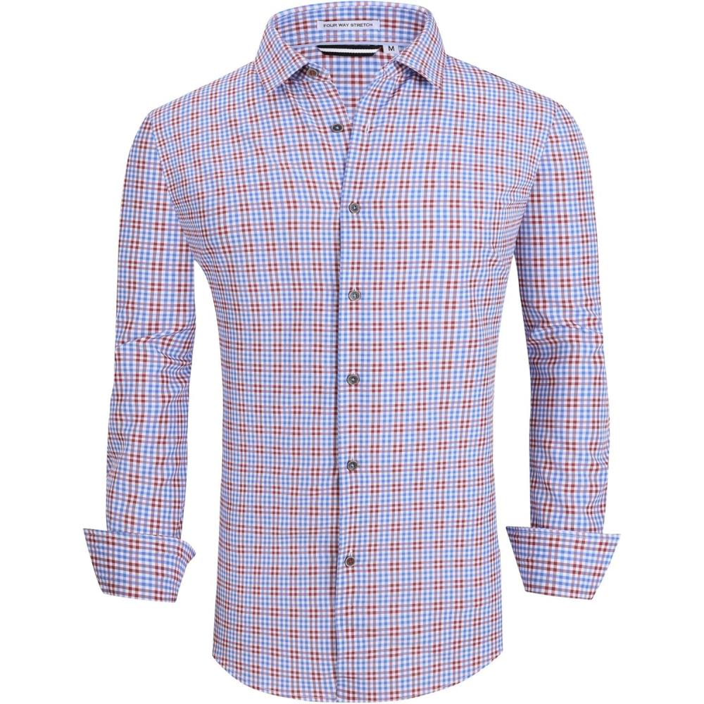 imageAlex Vando Mens Button Down Shirts Wrinkle Free 4Way Stretch Print Business Casual ShirtBlueRed