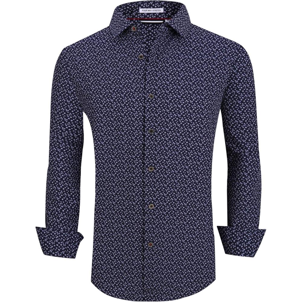imageAlex Vando Mens Button Down Shirts Wrinkle Free 4Way Stretch Print Business Casual ShirtNavy Flower