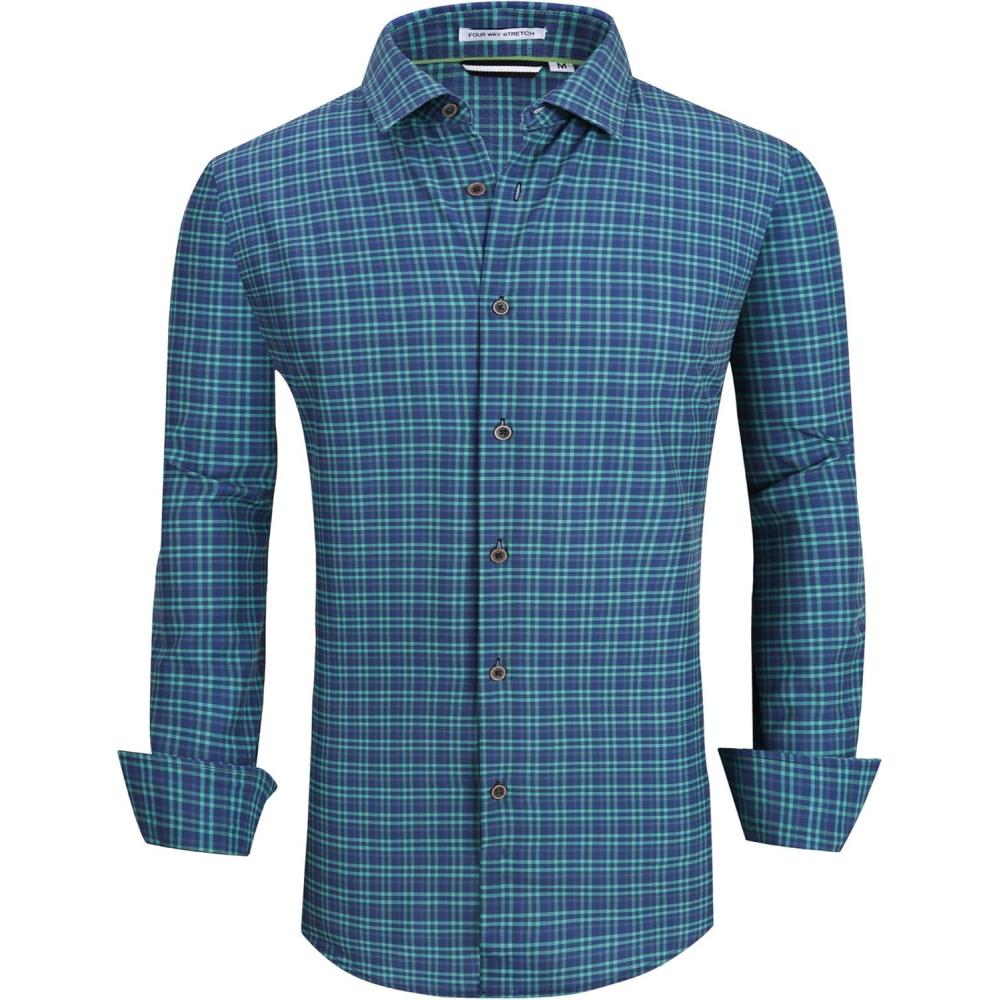 imageAlex Vando Mens Button Down Shirts Wrinkle Free 4Way Stretch Print Business Casual ShirtNavyGreen