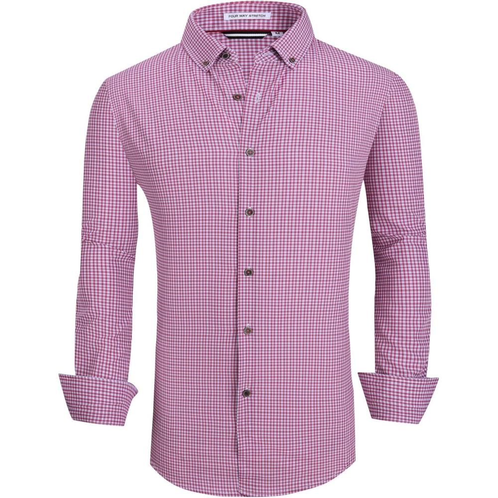imageAlex Vando Mens Button Down Shirts Wrinkle Free 4Way Stretch Print Business Casual ShirtRed Plaid