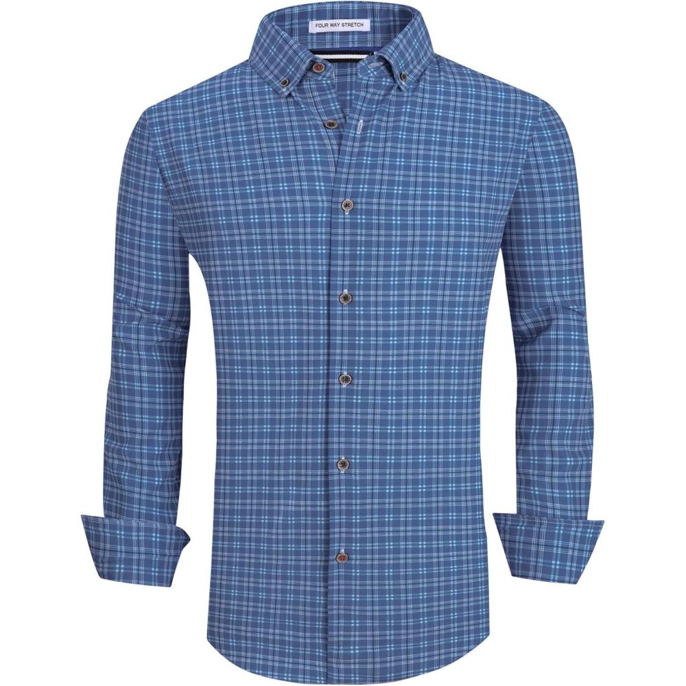 imageAlex Vando Mens Button Down Shirts Wrinkle Free 4Way Stretch Print Business Casual ShirtSteel Blue