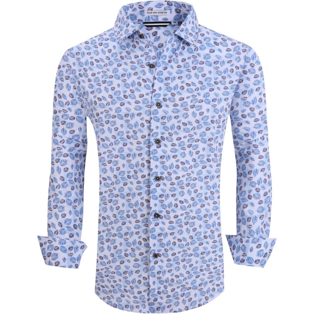 imageAlex Vando Mens Button Down Shirts Wrinkle Free 4Way Stretch Print Business Casual ShirtWhite Leaf