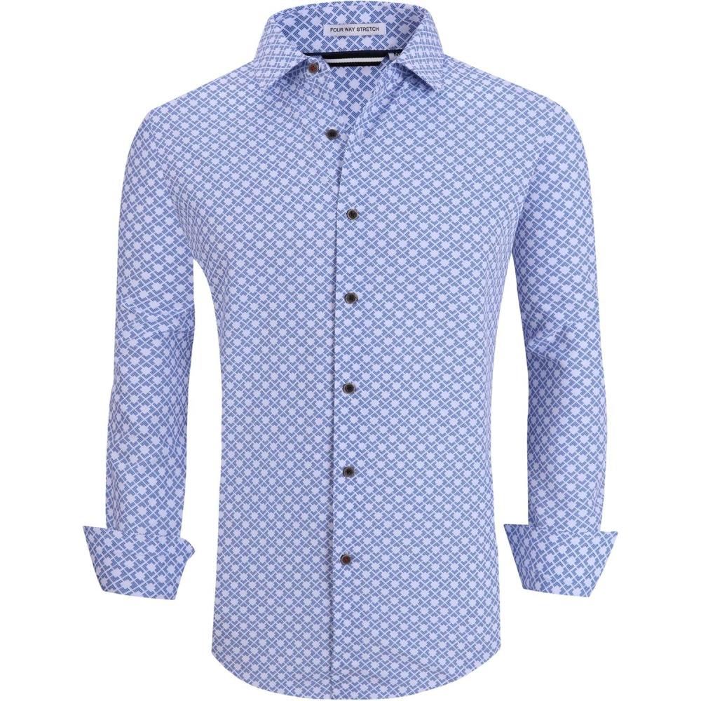 imageAlex Vando Mens Button Down Shirts Wrinkle Free 4Way Stretch Print Business Casual ShirtWhite Square
