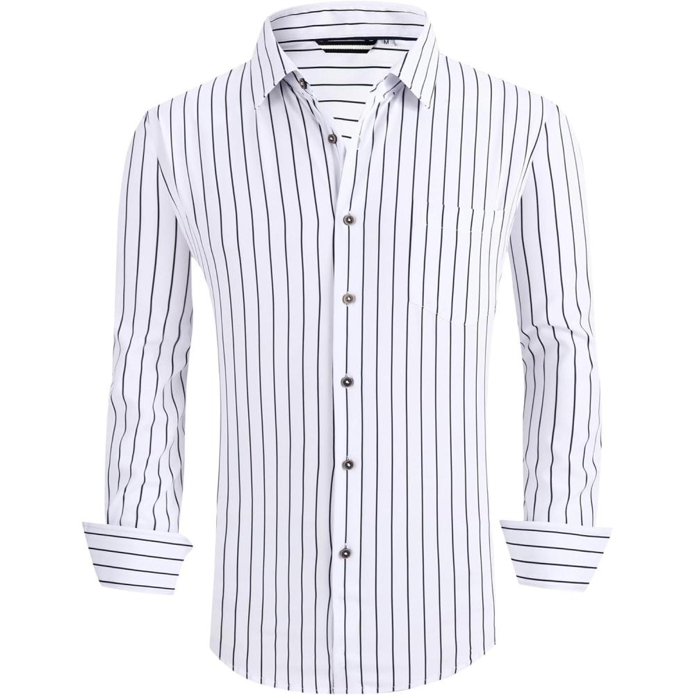 imageAlex Vando Mens Button Down Shirts Wrinkle Free 4Way Stretch Print Business Casual ShirtWhite Stripe