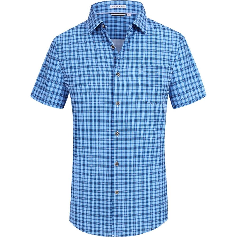 imageAlex Vando Mens Button Down Shirts Wrinkle Free 4Way Stretch Short Sleeve Business Casual Shirt015 Dark Blue Plaid