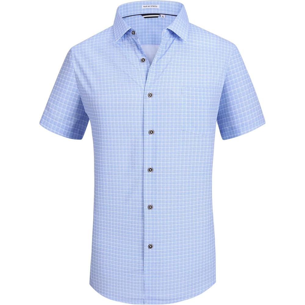 imageAlex Vando Mens Button Down Shirts Wrinkle Free 4Way Stretch Short Sleeve Business Casual Shirt04 Lt Blue Plaid