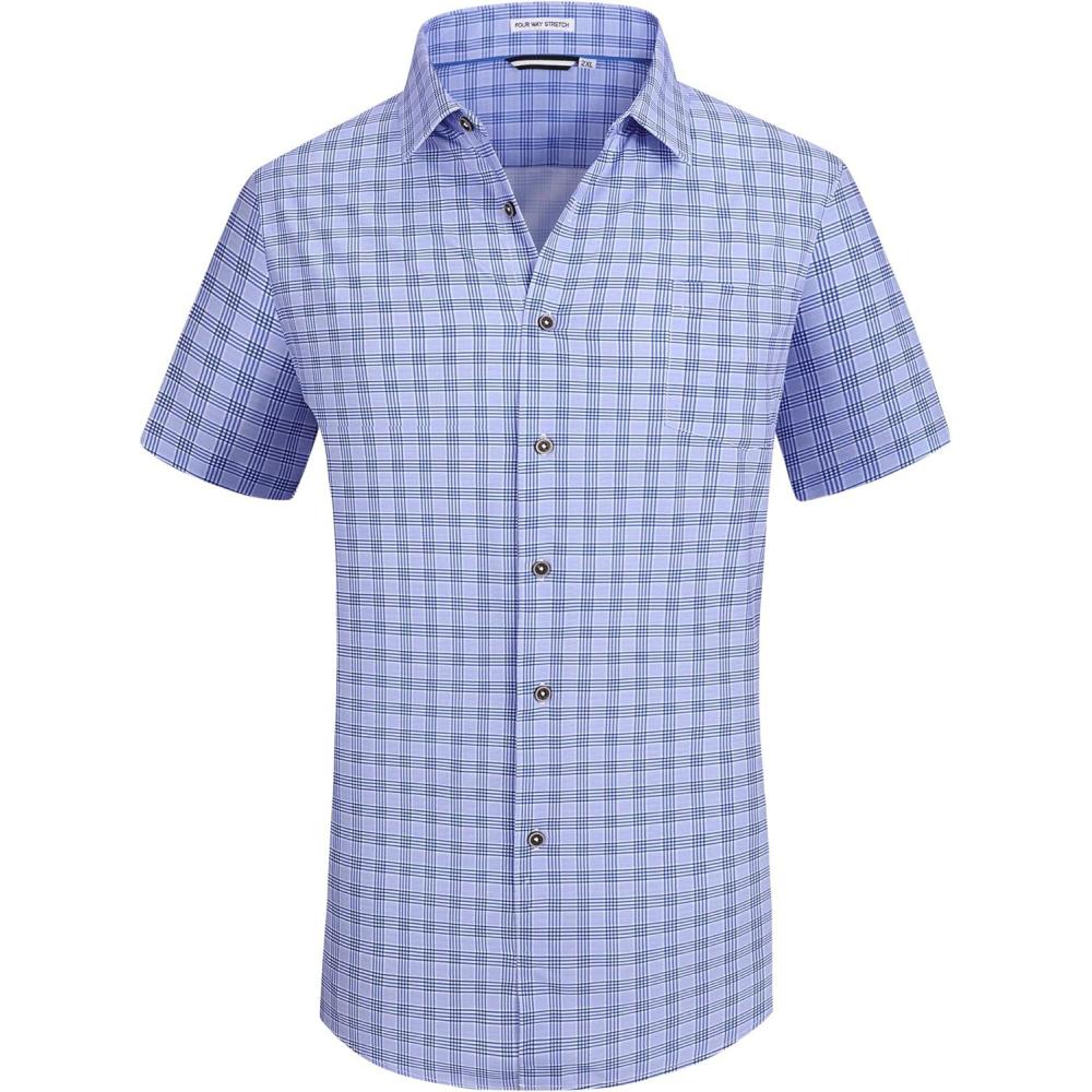 imageAlex Vando Mens Button Down Shirts Wrinkle Free 4Way Stretch Short Sleeve Business Casual Shirt05 Blue Plaid