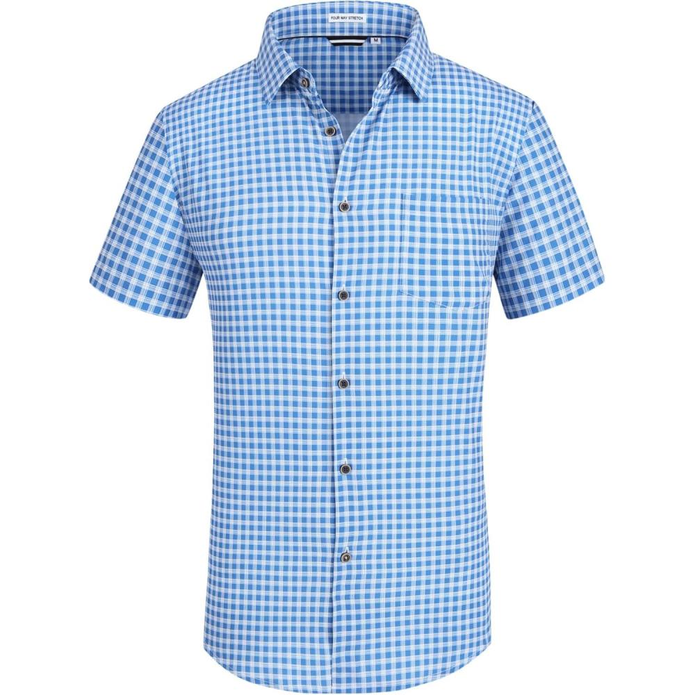 imageAlex Vando Mens Button Down Shirts Wrinkle Free 4Way Stretch Short Sleeve Business Casual ShirtBlueWhite