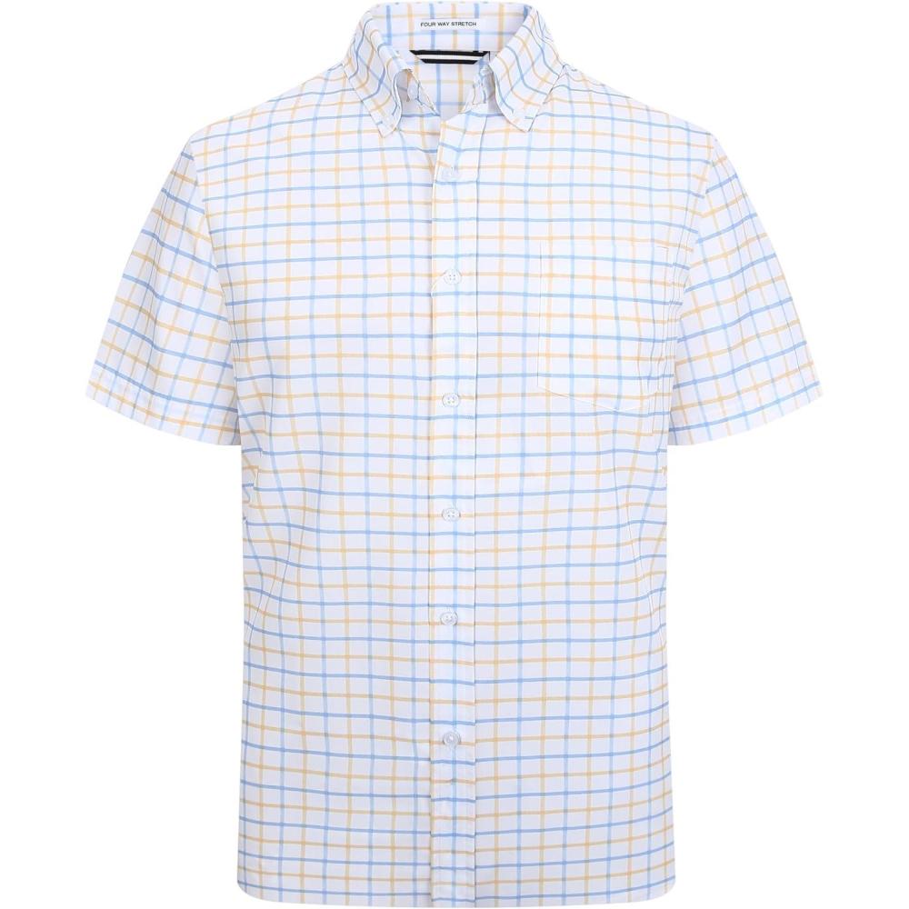 imageAlex Vando Mens Button Down Shirts Wrinkle Free 4Way Stretch Short Sleeve Business Casual ShirtBlueYellow 02