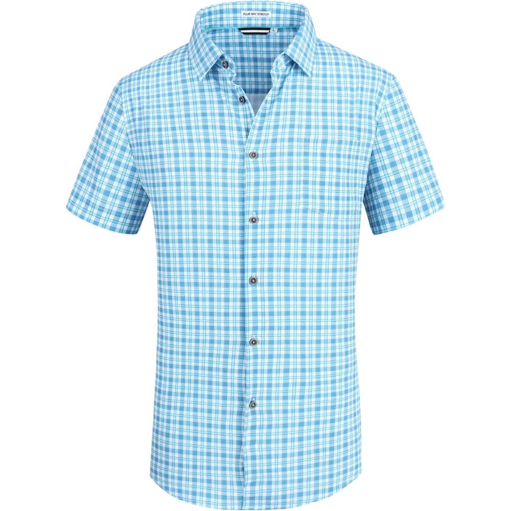 imageAlex Vando Mens Button Down Shirts Wrinkle Free 4Way Stretch Short Sleeve Business Casual ShirtGreenWhite