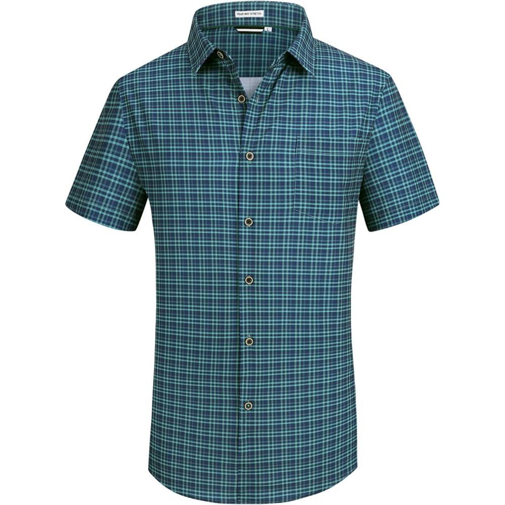 imageAlex Vando Mens Button Down Shirts Wrinkle Free 4Way Stretch Short Sleeve Business Casual ShirtNavyGreen