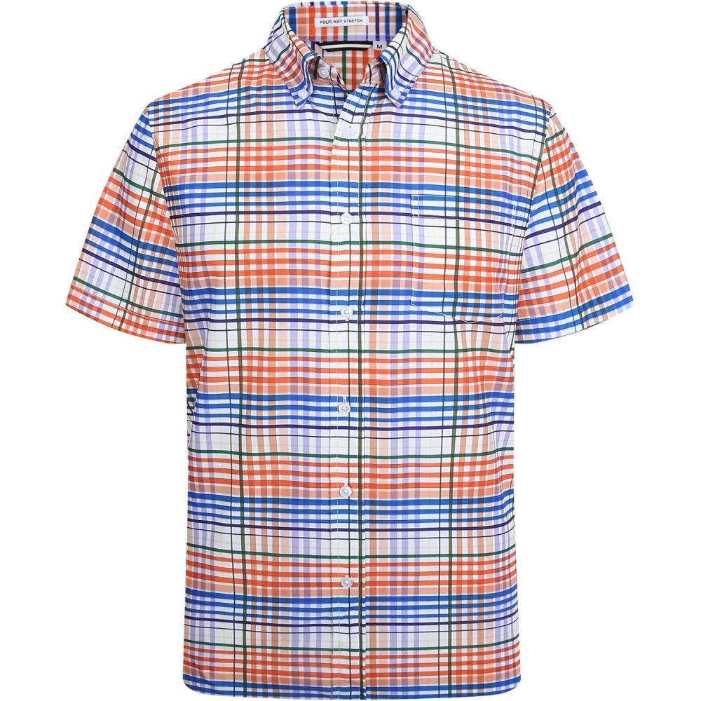 imageAlex Vando Mens Button Down Shirts Wrinkle Free 4Way Stretch Short Sleeve Business Casual ShirtOrangeBlue 02