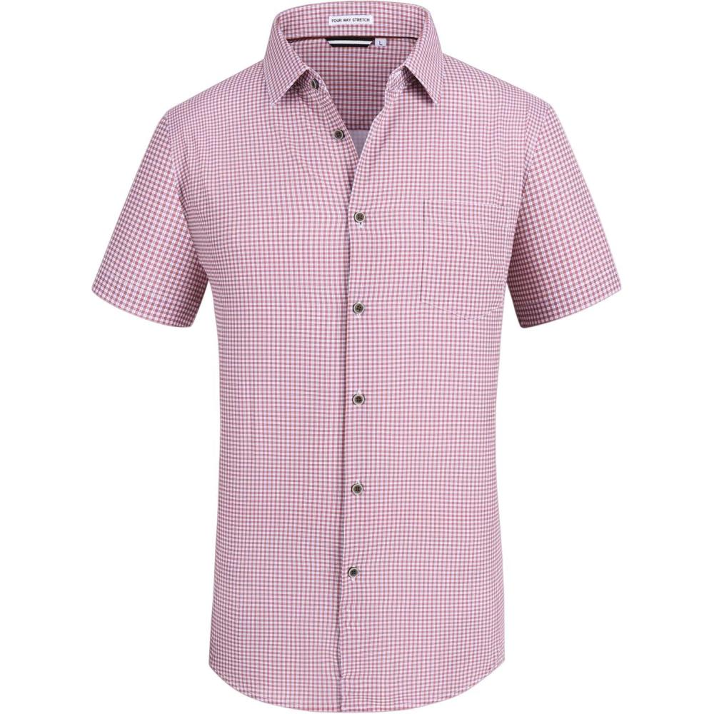 imageAlex Vando Mens Button Down Shirts Wrinkle Free 4Way Stretch Short Sleeve Business Casual ShirtRed Plaid