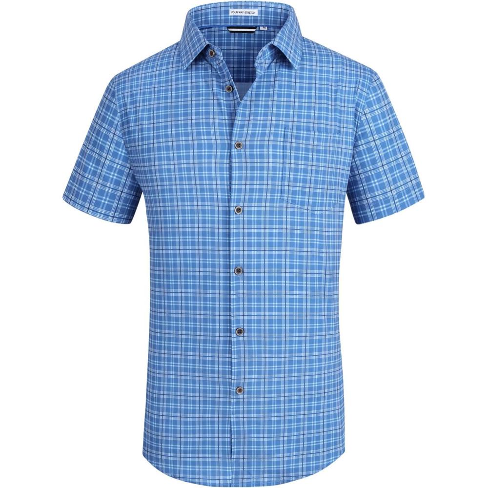imageAlex Vando Mens Button Down Shirts Wrinkle Free 4Way Stretch Short Sleeve Business Casual ShirtSteel Blue