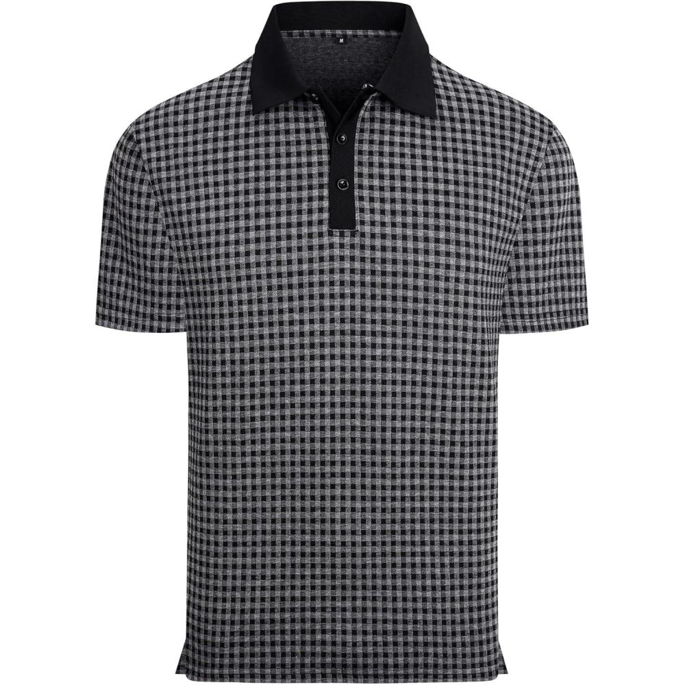 imageAlex Vando Mens Check Golf Shirt Contrast Rib Collar Short Sleeve Polo Shirts for MenBlackGrey