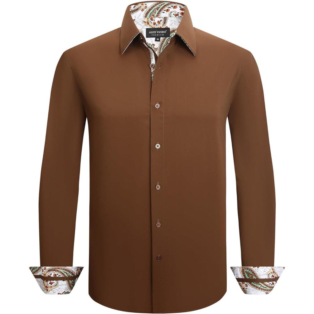 imageAlex Vando Mens Cotton Stretch Dress Shirt Regular Fit Fashion Paisley Contrast Button Down ShirtsCoffee