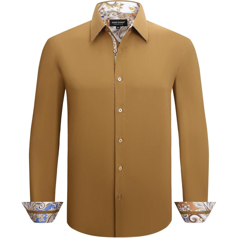 imageAlex Vando Mens Cotton Stretch Dress Shirt Regular Fit Fashion Paisley Contrast Button Down ShirtsKhaki
