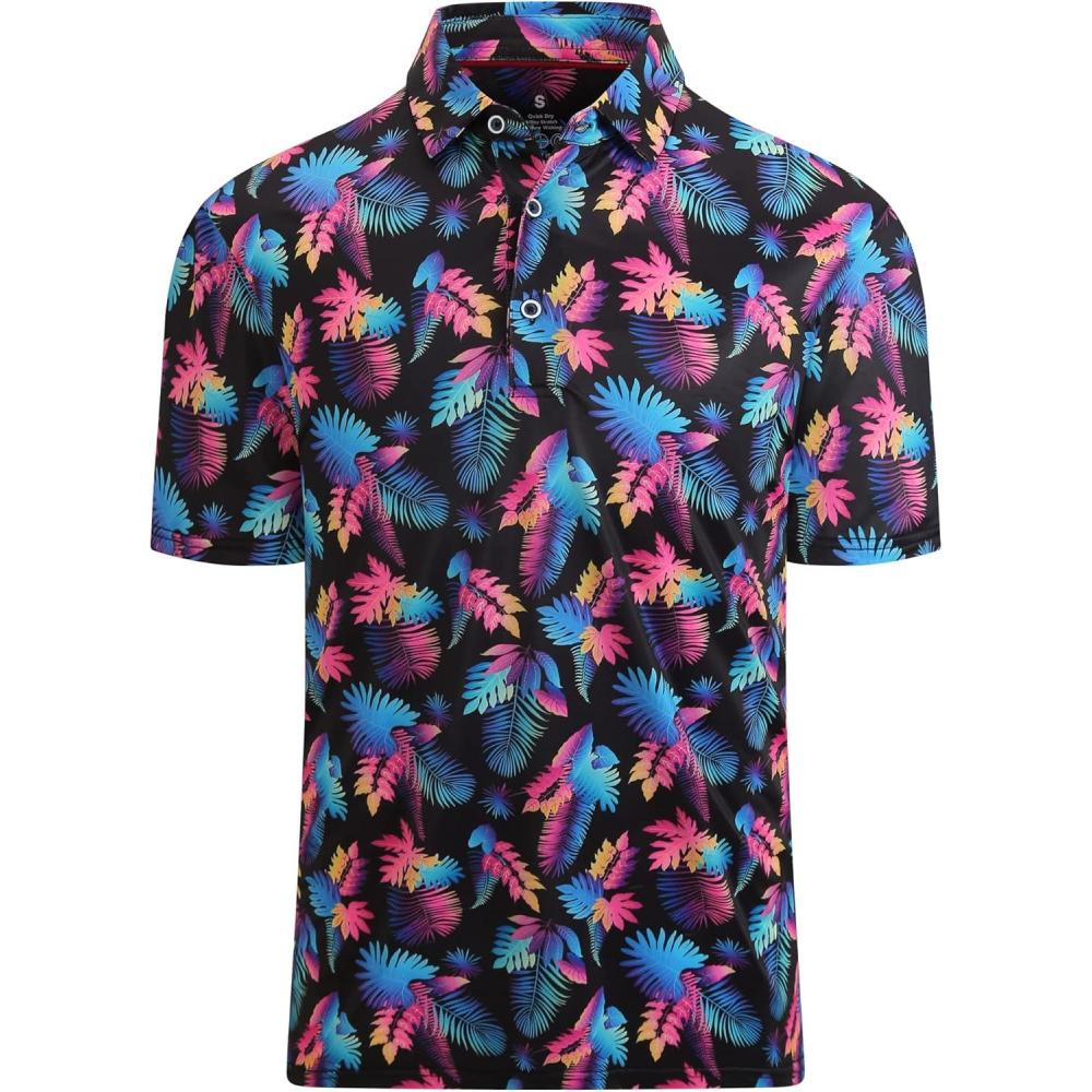 imageAlex Vando Mens Golf Shirt Moisture Wicking QuickDry Print Performance Polo Shirts for MenBlack Leaf