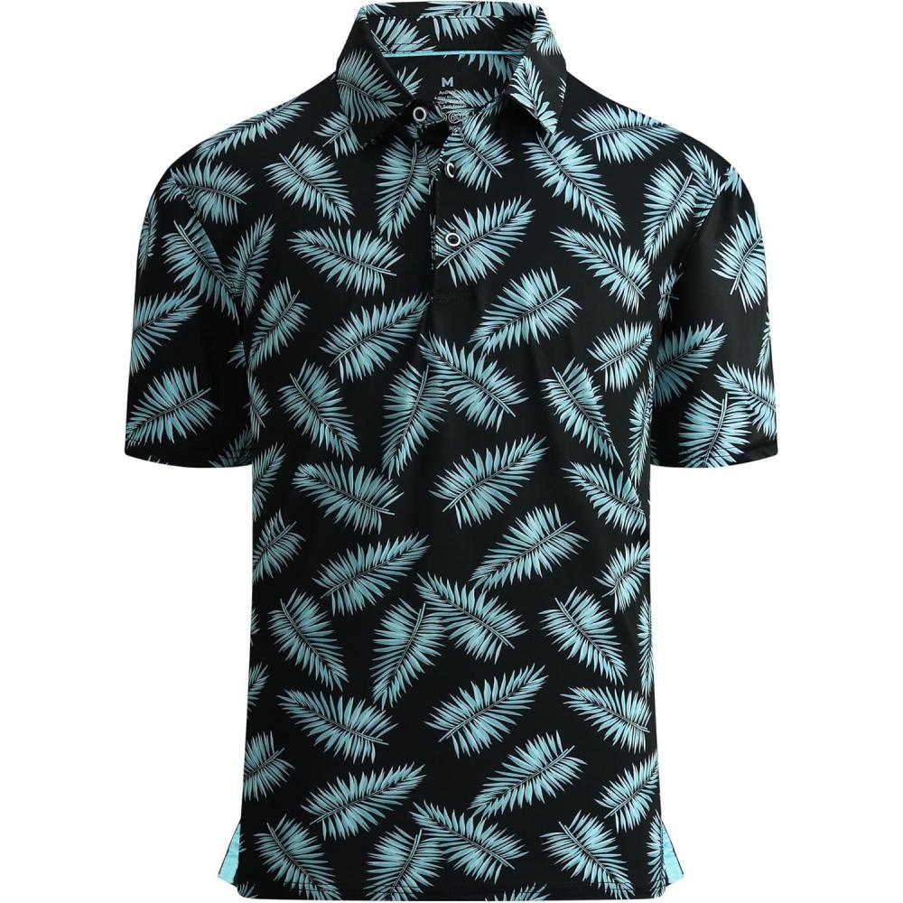 imageAlex Vando Mens Golf Shirt Moisture Wicking QuickDry Print Performance Polo Shirts for MenBlack Palm Leaves
