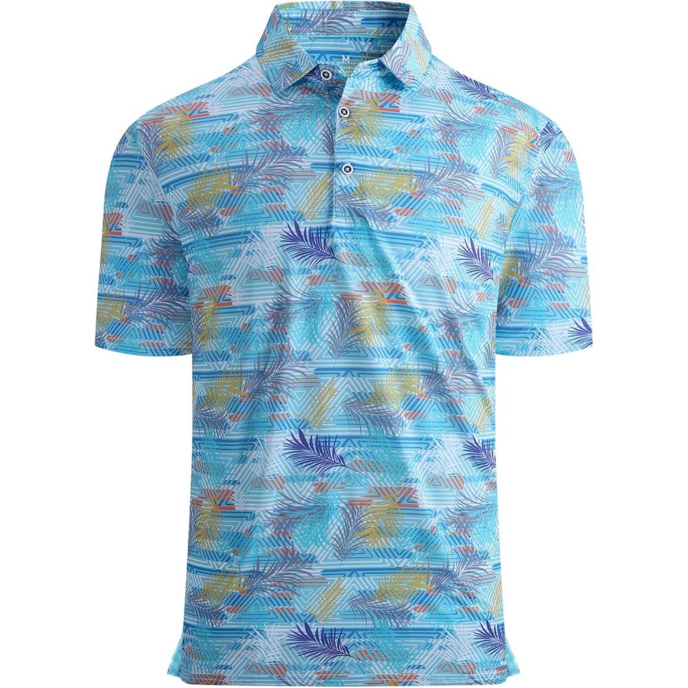 imageAlex Vando Mens Golf Shirt Moisture Wicking QuickDry Print Performance Polo Shirts for MenBlue Leaf