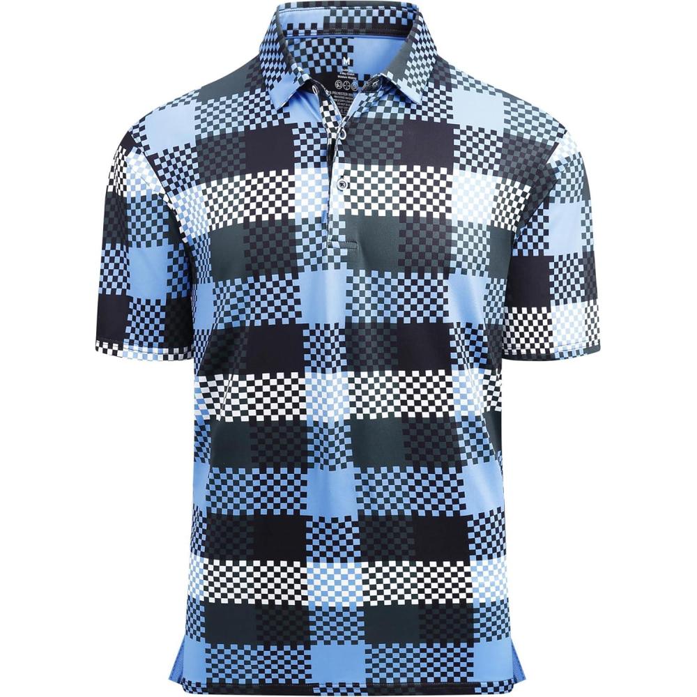 imageAlex Vando Mens Golf Shirt Moisture Wicking QuickDry Print Performance Polo Shirts for MenBlue Plaid