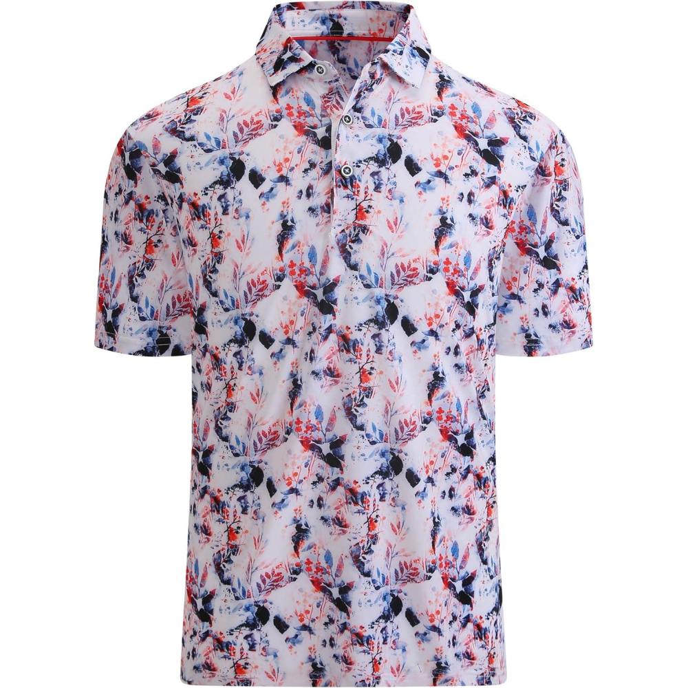 imageAlex Vando Mens Golf Shirt Moisture Wicking QuickDry Print Performance Polo Shirts for MenRed Navy Leaf