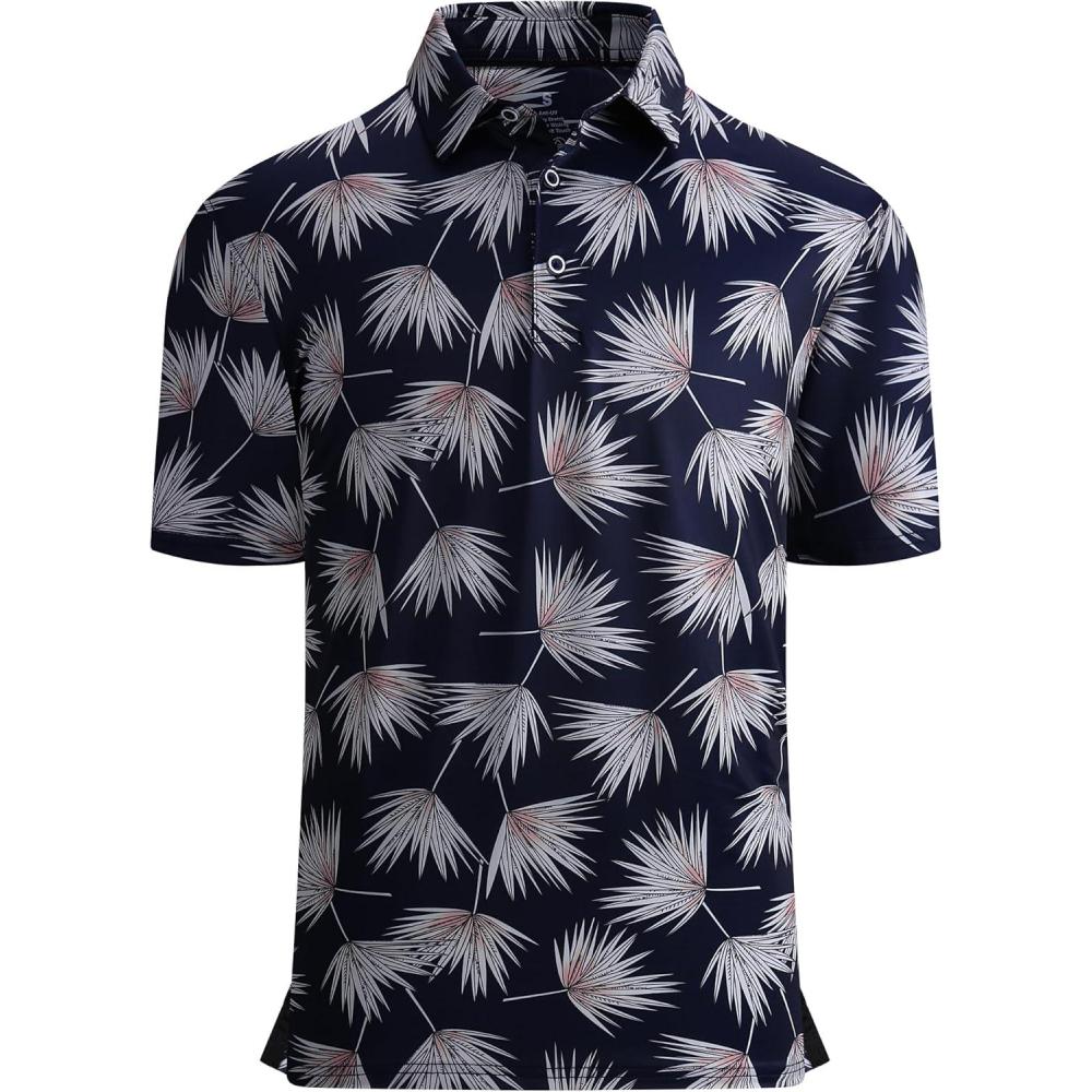 imageAlex Vando Mens Golf Shirt Moisture Wicking QuickDry Print Performance Polo Shirts for MenWhite Palm Leaves